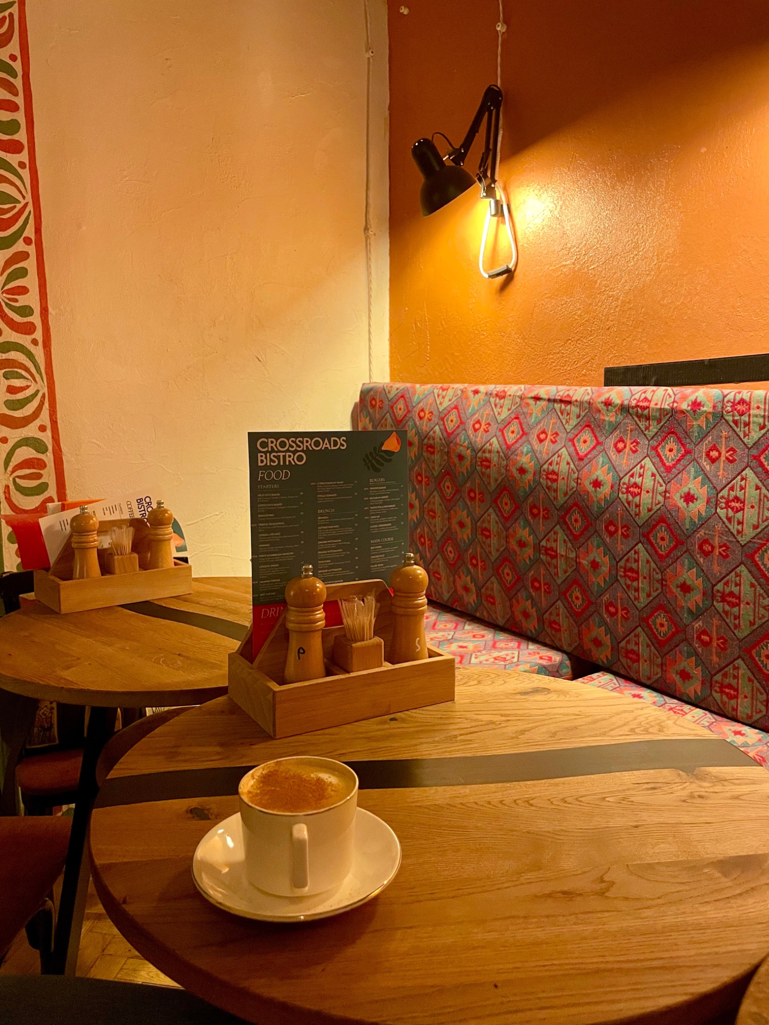 Coffee and a warm corner at Crossroads Bistro